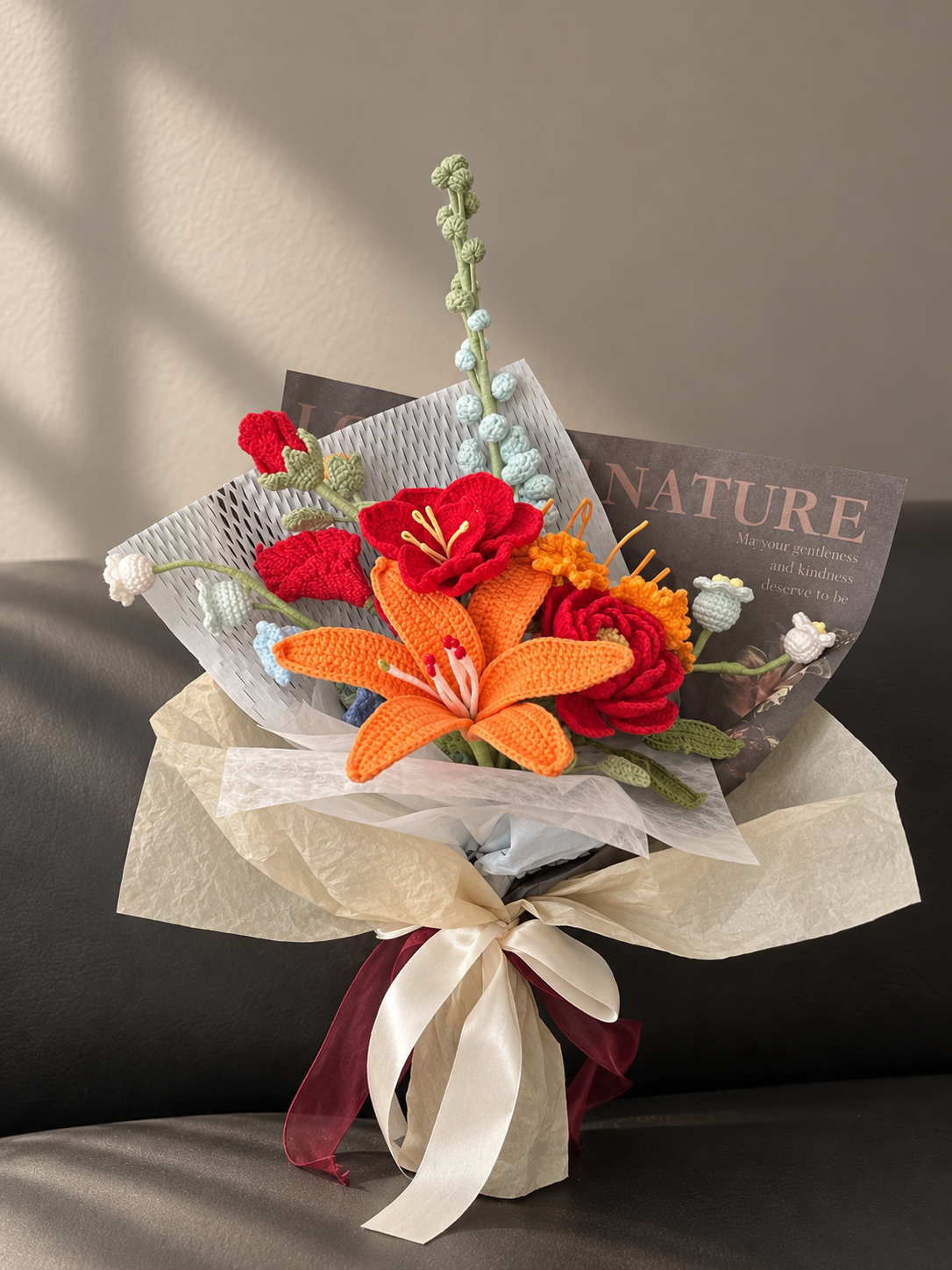 Handgemaakt Gehaakt Bloemenboeket met Lelie & Rozen | Eeuwig Boeket | Gehaakte Bloemen | Cadeau