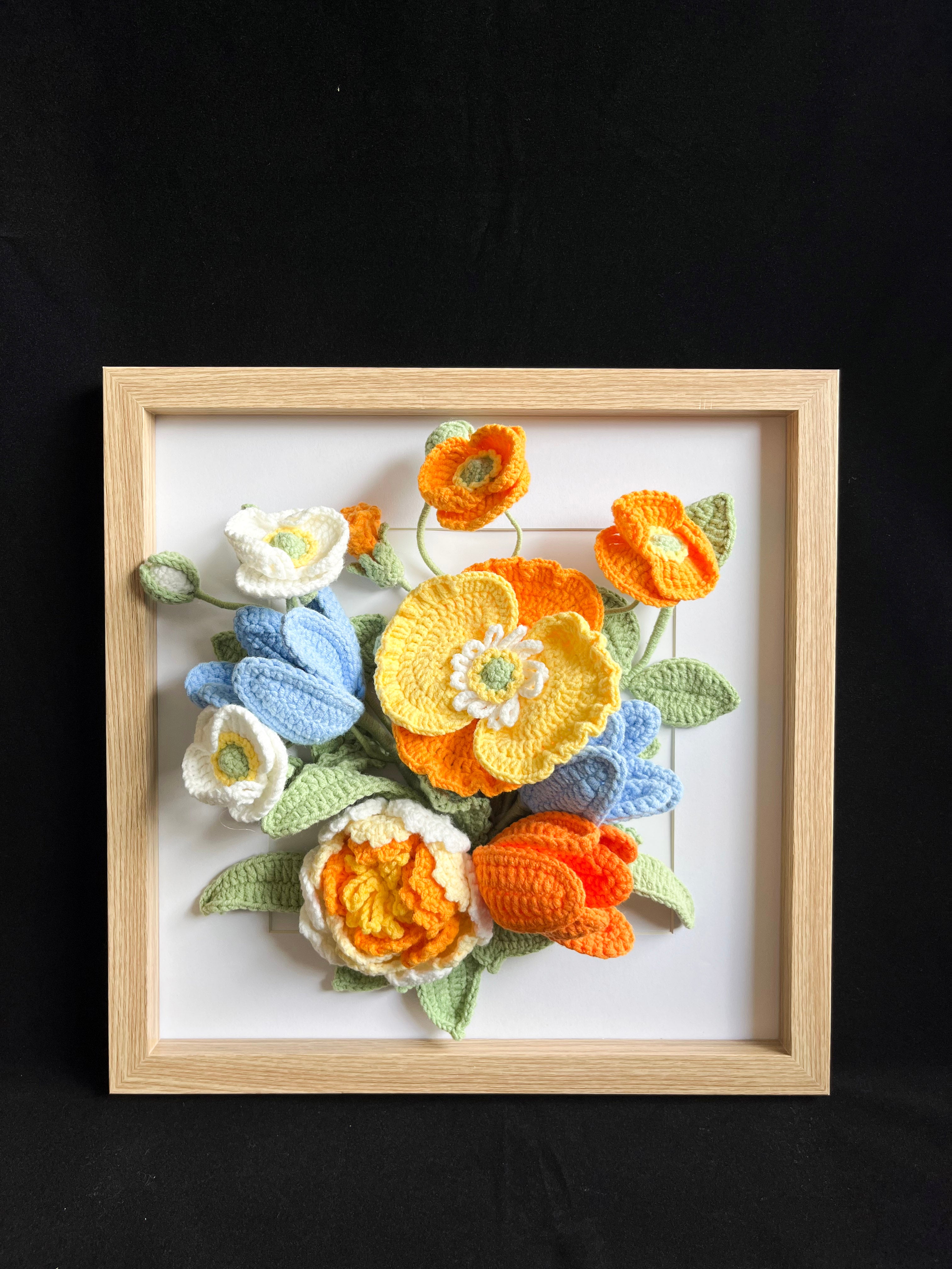 Handgehaakte bloemen wanddecoratie – uniek framed kunstwerk 🌼🖼️