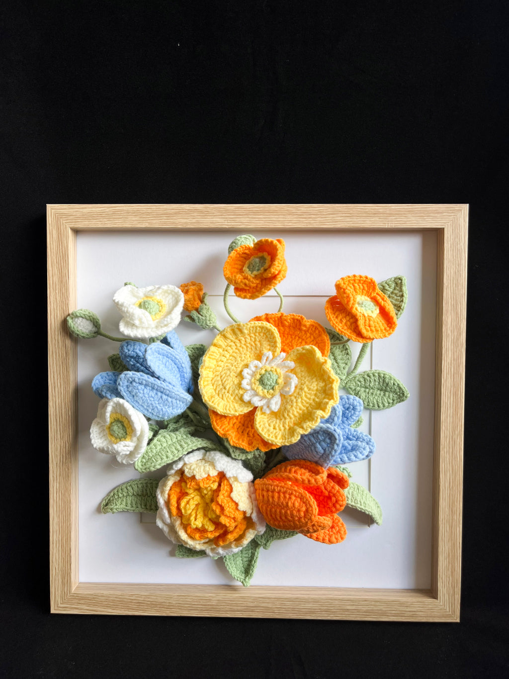 Handgehaakte bloemen wanddecoratie – uniek framed kunstwerk 🌼🖼️