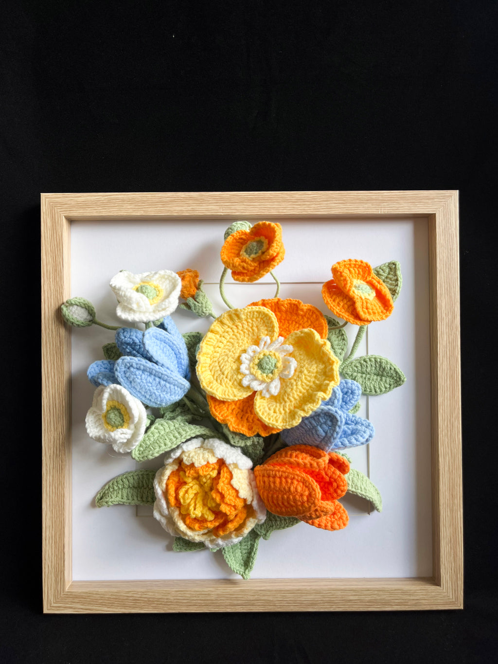 Handgehaakte bloemen wanddecoratie – uniek framed kunstwerk 🌼🖼️