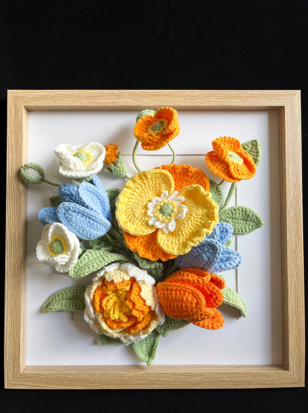 Handgehaakte bloemen wanddecoratie – uniek framed kunstwerk 🌼🖼️